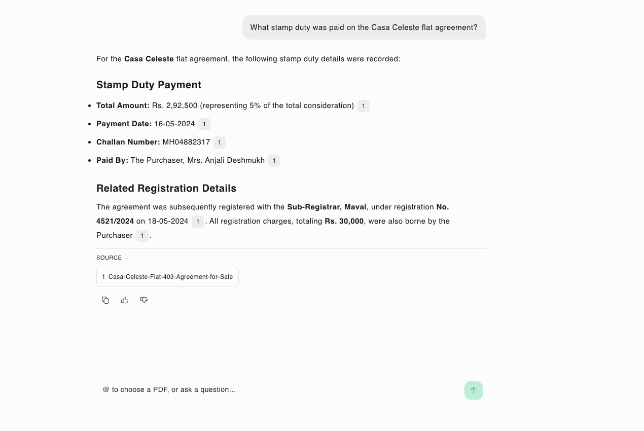 DMS answering a question about stamp duty, with citations linking to the source PDF